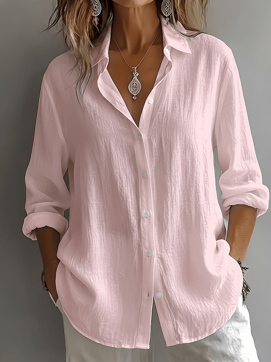 Women's Elegant Lapel Shirt, Loose Straight Fit with Long Sleeves, Lightweight, Comfortable, and Breathable Fabric, Versatile for Commuting and Casual Wear, Loose Straight Cut Flattering Design, Daily Comfortable and Relaxed Style - Pink