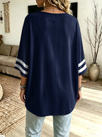 Plus Size Anchor Print Oversized Sweatshirt, Women'S Navy 3/4 Sleeve Western Nautical Striped Top, Loose Casual Body-Covering All-Match Pullover (No Additions) - Navy Color