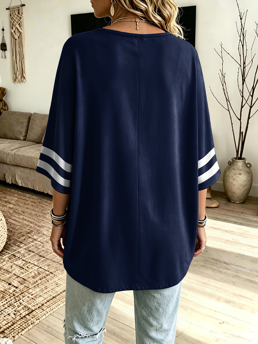 Plus Size Anchor Print Oversized Sweatshirt, Women'S Navy 3/4 Sleeve Western Nautical Striped Top, Loose Casual Body-Covering All-Match Pullover (No Additions) - Navy Color