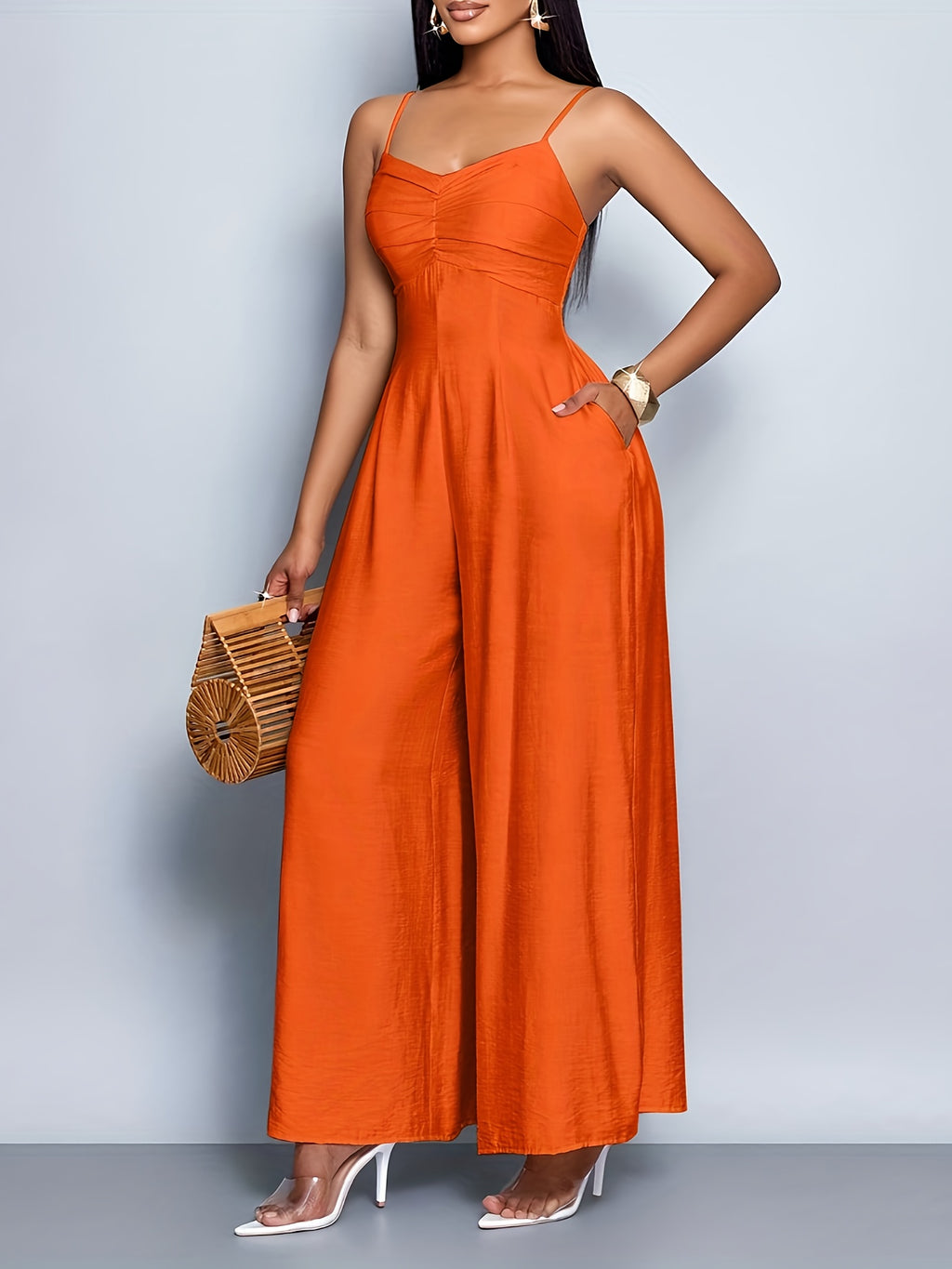Women'S Draped Front Lace Up Backless Wide Leg Cami Jumpsuit | Elegant Solid Color, Sleeveless, Long Length, Suitable for Everyday Wear & Vacation - Coral
