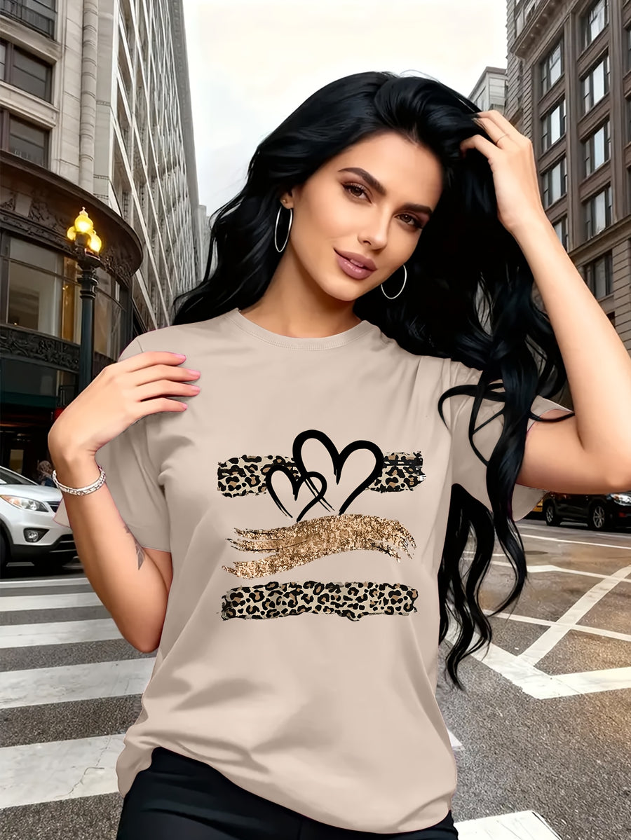Leopard Print Heart Glitter-themed Pattern Print, Fashionable Breathable T-shirt, for Family Travel,, Casual S, Daily Commutes, Matching Outfits for Sisters, Versatile T-shirt 30057 - Apricot