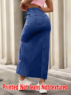 [Printed Skirt - Not Faux Denim Fabric][Imitation Faux Denim Print Skirt] American Style Print Skirt, Imitation Faux Denim Print - Non-Faux Denim Fabric, Casual Women'S Clothing, Suitable for All Seasons - Blue