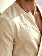 Men's V-neck Long Sleeve Shirt, New Early Autumn Solid Color Casual Top, Comfortable and Breathable, Easy to Care for, Suitable for Daily Commuting, Versatile Street Fashion Long Sleeve V-neck Shirt - Khaki