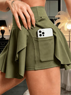 Women's Casual Solid-color Skirt-pants, Elastic High-waisted Tummy-control Midi Skirt with Built-in Safety Shorts, Fashionable Solid-color Versatile Style for Outdoor S,, And - Military Green