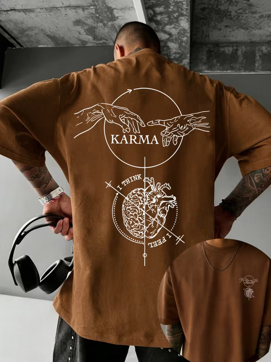 Causal Reincarnation Brain Heart Hand-Drawn Men'S Pure T-Shirt, Front And Back Double-Sided Genesis Hand, Half-Brain Heart Line English Print with Niche Dark Art Atmosphere, 100% Fabric Breathable And Skin-Friendly - Coffee Color