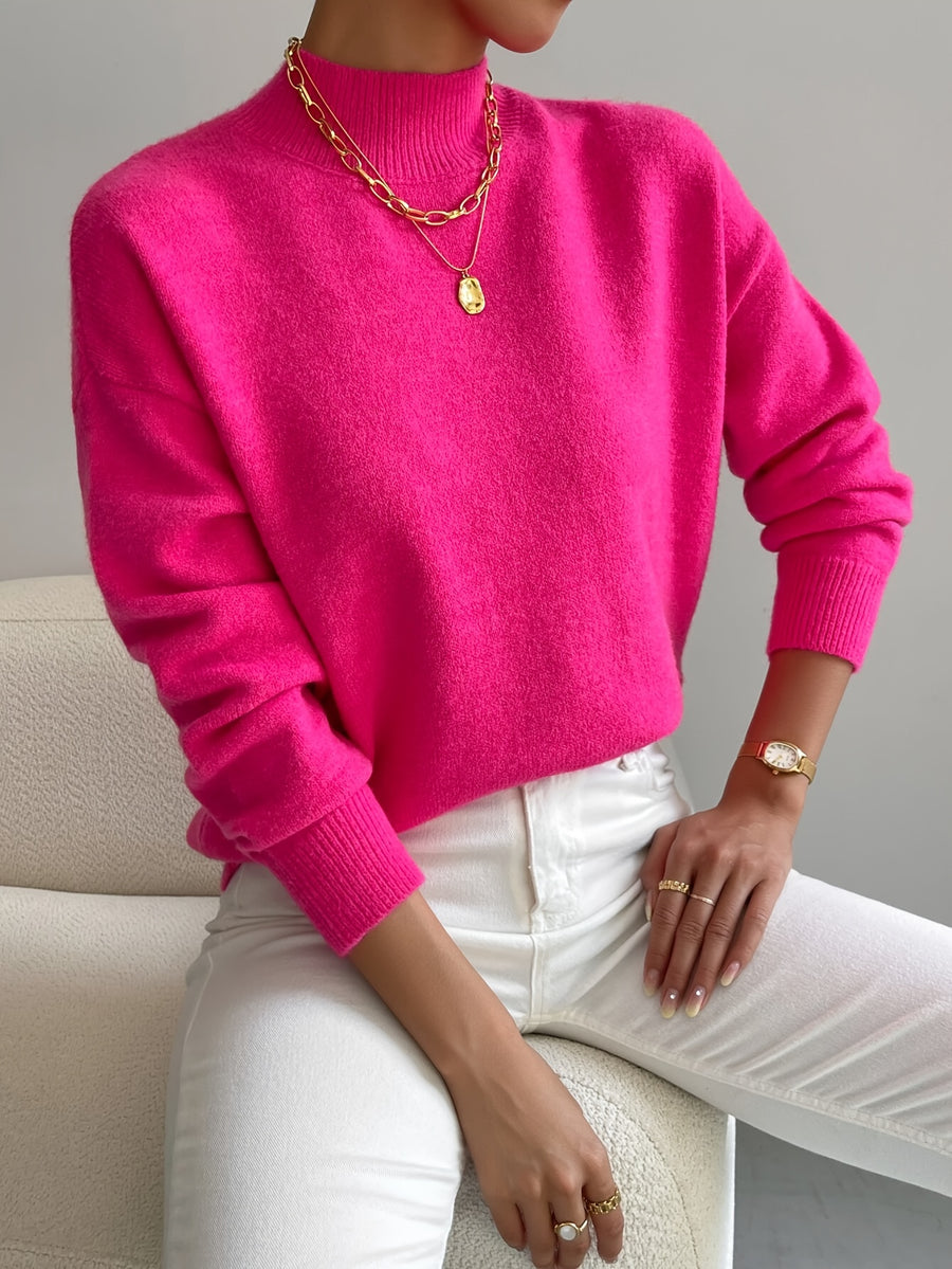 Women's Solid Color Elegant Mock Neck Long Sleeve Drop Shoulder Pullover Sweater - Bright Pink Color