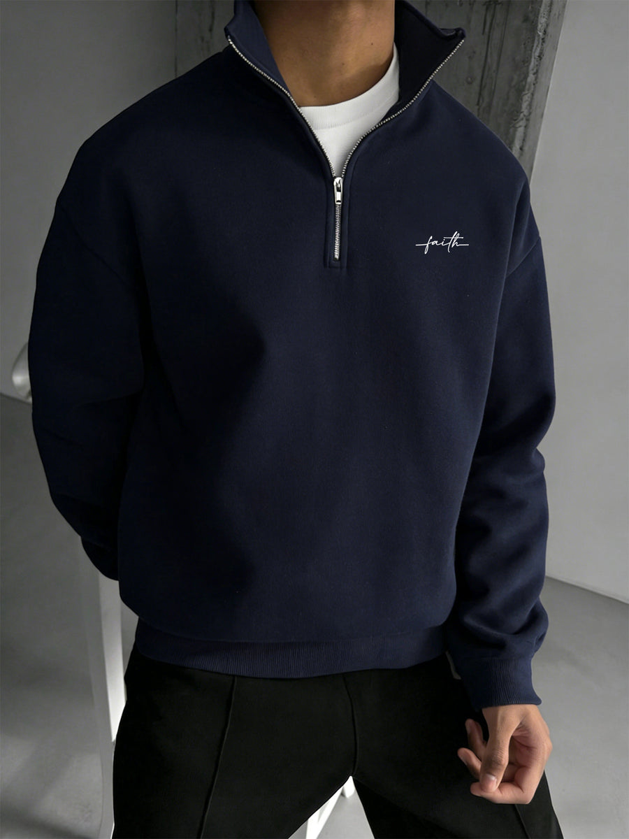 Heavyweight -Lined Stand Collar Half-Zip Cardigan with Skin-Friendly Polar Lining, Simple and Versatile Men's Long-Sleeve Top - Navy Color