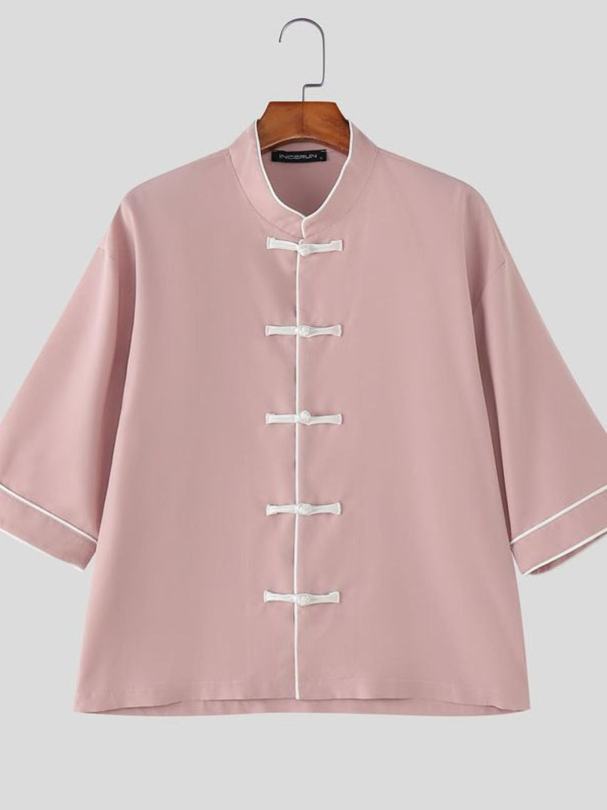 Men Retro Tops Frog Button Stand Collar Short Sleeve Loose Thin Outdoor Street New Chinese Style Casual Shirt, Chinese Size, Please Check The Size Guide Carefully - Pink