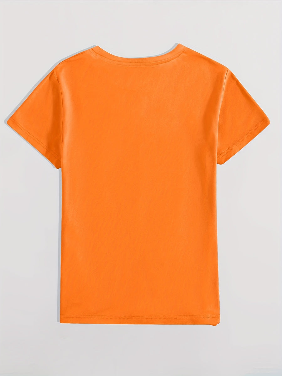 Women's Casual Short Sleeved T-shirt - M Letter Pattern Print, Regular Round Neck Top, Suitable for All Seasons, Women's Clothing - Orange-Red