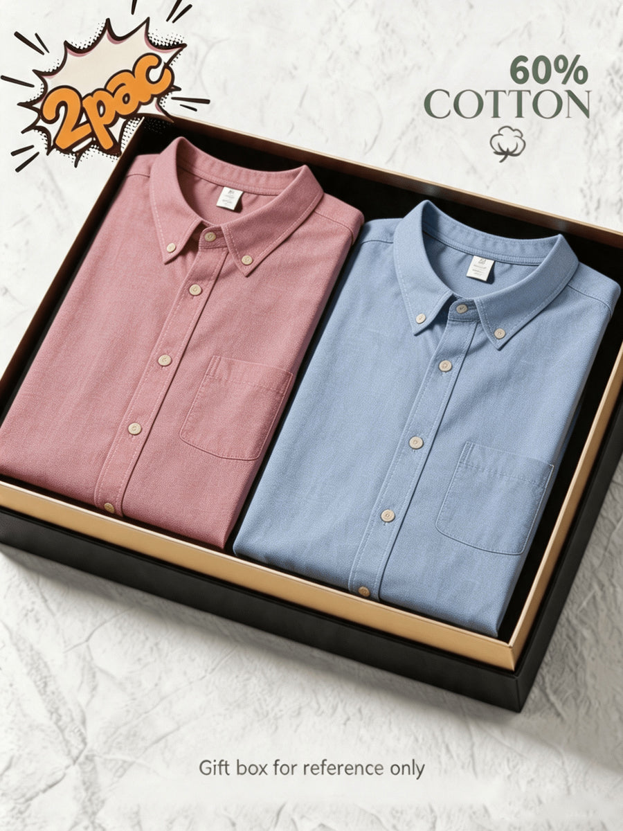 1+1 2pcs Classic Men's Oxford Plain Color Shirt, Long Sleeve Spring/Autumn Pocket Lapel Shirt for Casual Daily Outings - Red+Blue