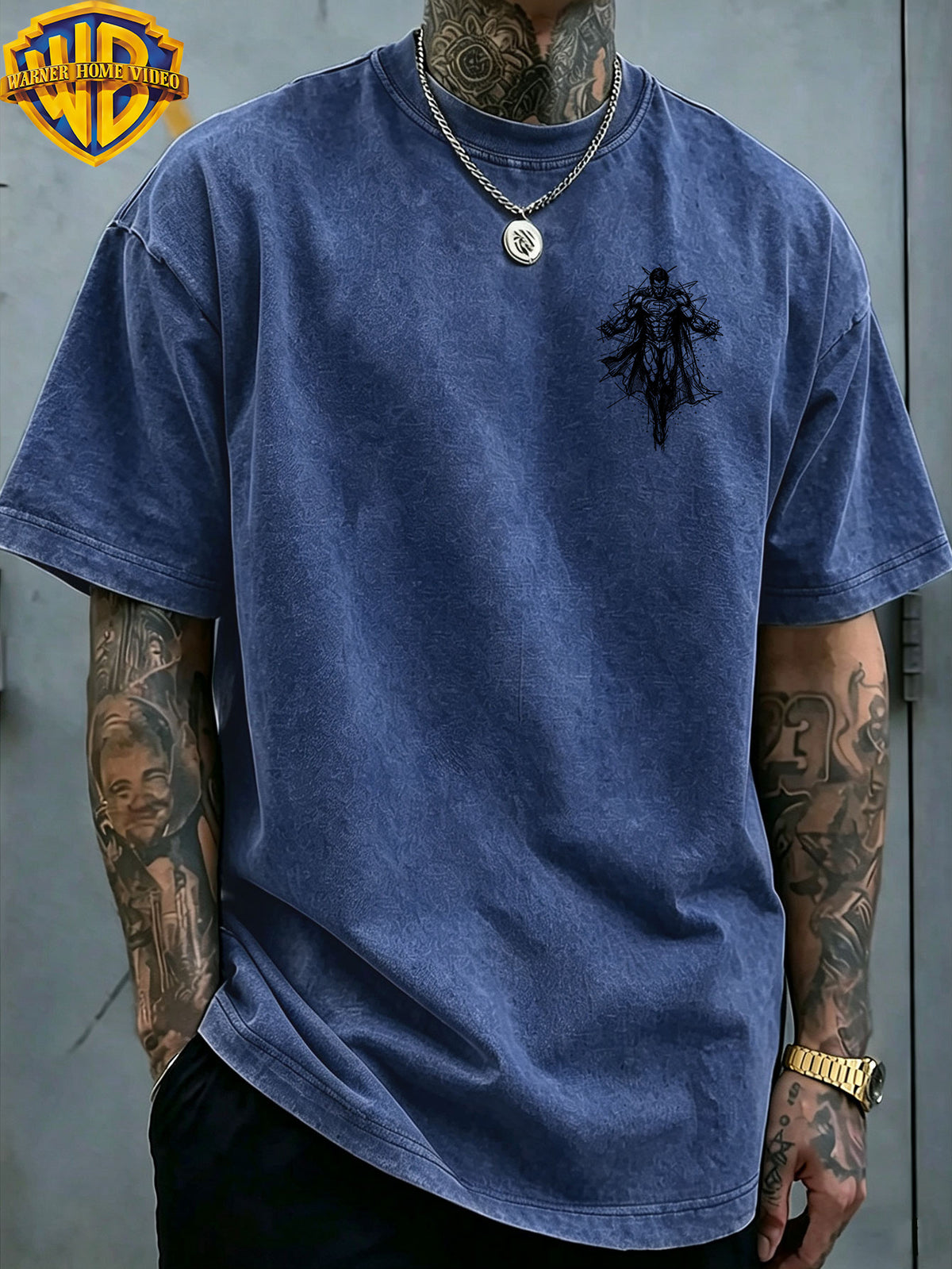 Authorized by Warner Bros., Superman Sketch Line Back Print, American Retro Washed Distressed T-Shirt, Unisex, Machine Washable, Suitable for Daily Commute And Outdoor Wear - Royal Blue