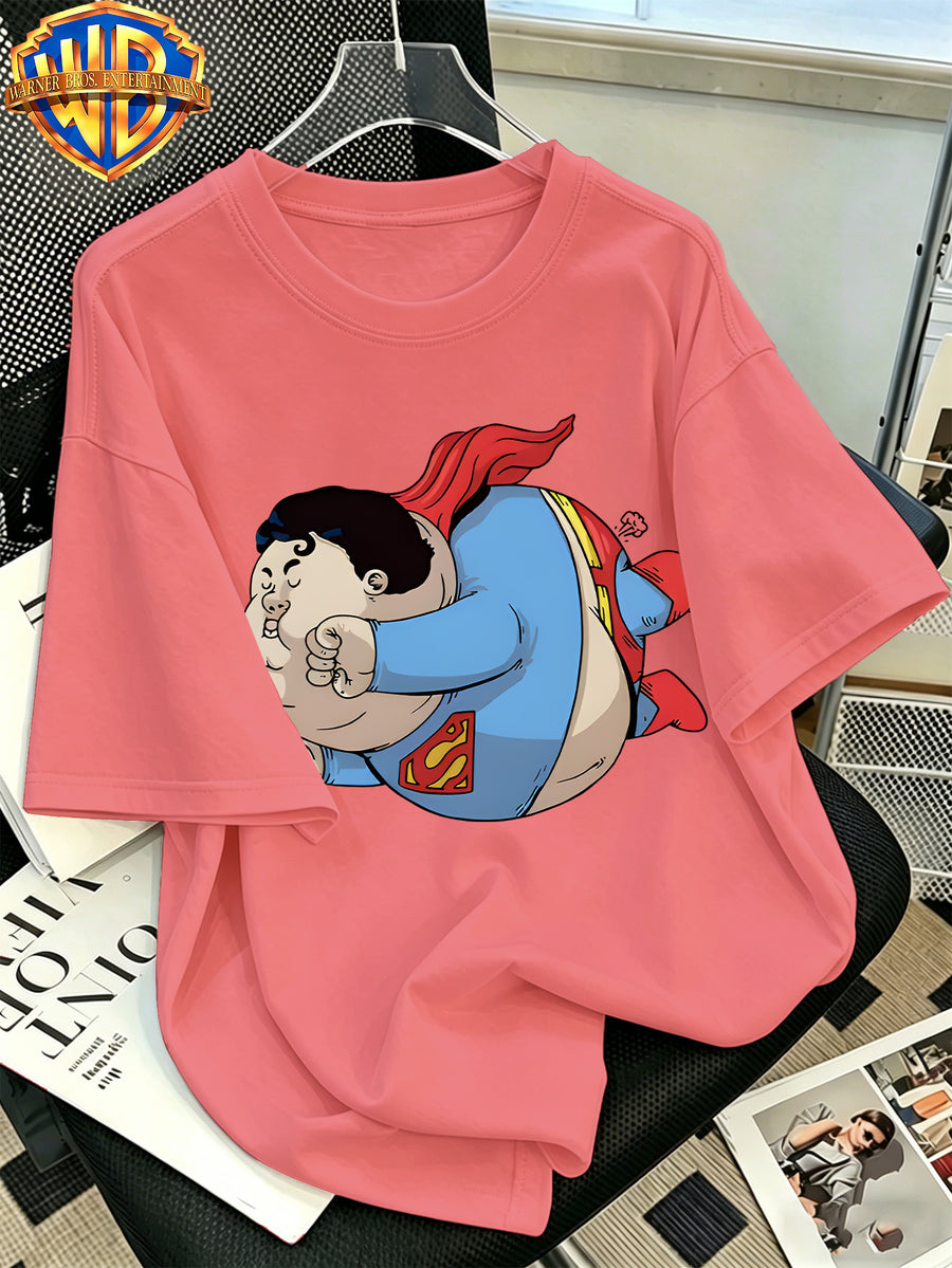 Warner Bros. Official Classic Chubby Superman Flying Print T-Shirt, Men'S 100% Casual Comfortable Multi-Functional Loose Summer Short Sleeve T-Shirt, Suitable for Outdoor Wear - Watermelon Red
