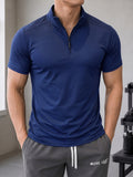 Men'S Stand-Up Collar Fitness Sweatshirt, 1/4 Half-Zipper Short Sleeve, Quick-Dry Breathable Slim Fit, Suitable for Cycling, Running, Gym Training - Royal Blue