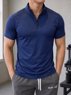 Men'S Stand-Up Collar Fitness Sweatshirt, 1/4 Half-Zipper Short Sleeve, Quick-Dry Breathable Slim Fit, Suitable for Cycling, Running, Gym Training - Royal Blue