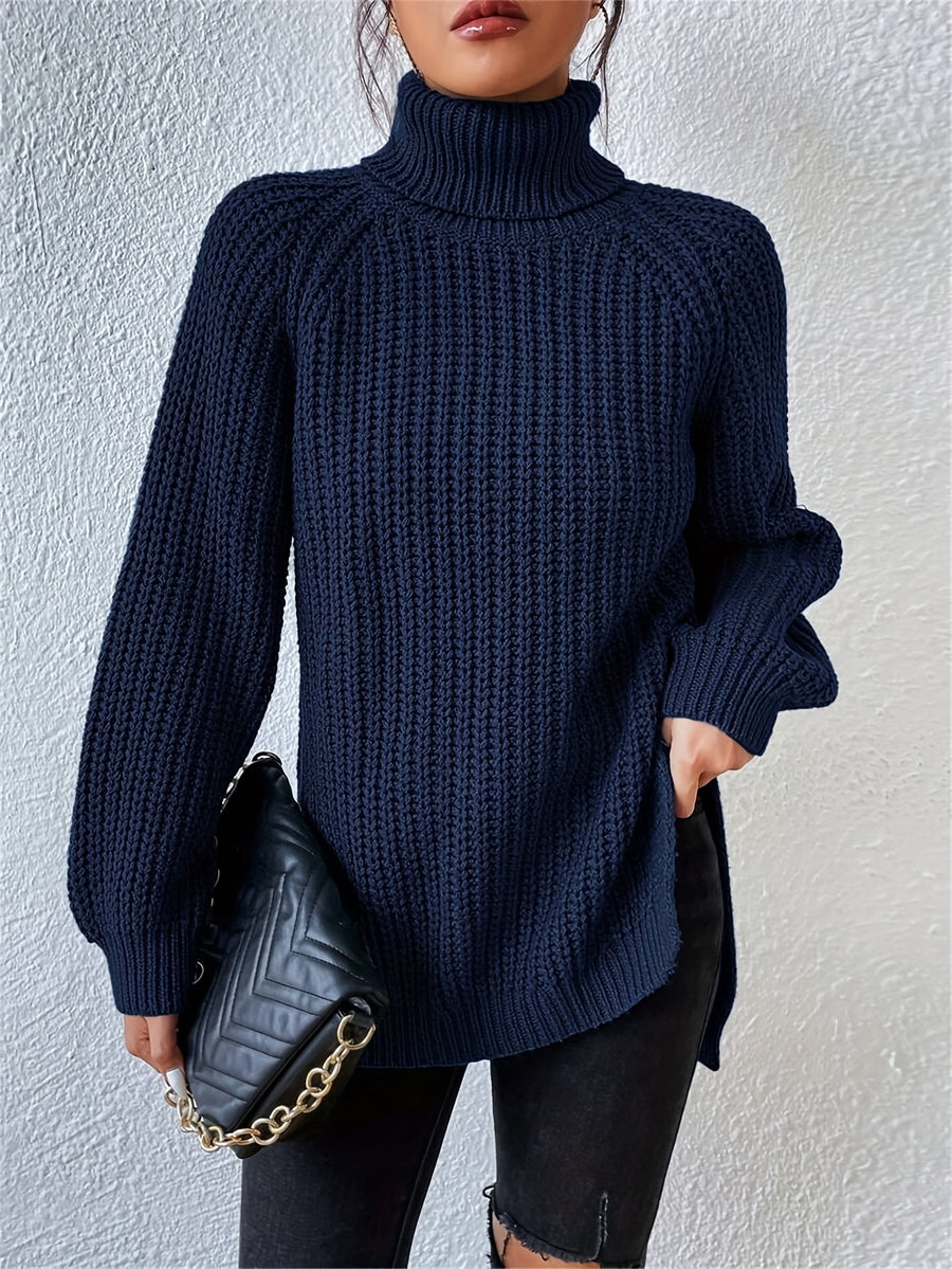Women's New Arrival Elegant Casual Versatile Vacation Commute Office Sisters Outing Shopping Y2K Daily Wear Autumn Winter Solid Color High Neck Lapel Raglan Long Sleeve Top Spring Slit Hem Sweater Party Outfit Birthday Top Commute Wear Casual Wear - Navy blue color