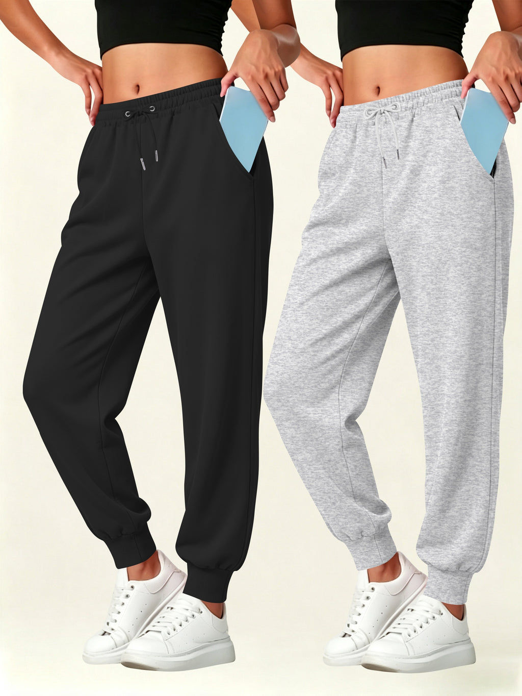 2pcs Set Autumn-Winter Women's Casual Pants with Pockets - Black+gray