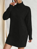 Casual Solid Color Stand Collar Sweater Dress, Versatile for Autumn and Winter - Black