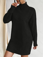 Casual Solid Color Stand Collar Sweater Dress, Versatile for Autumn and Winter - Black