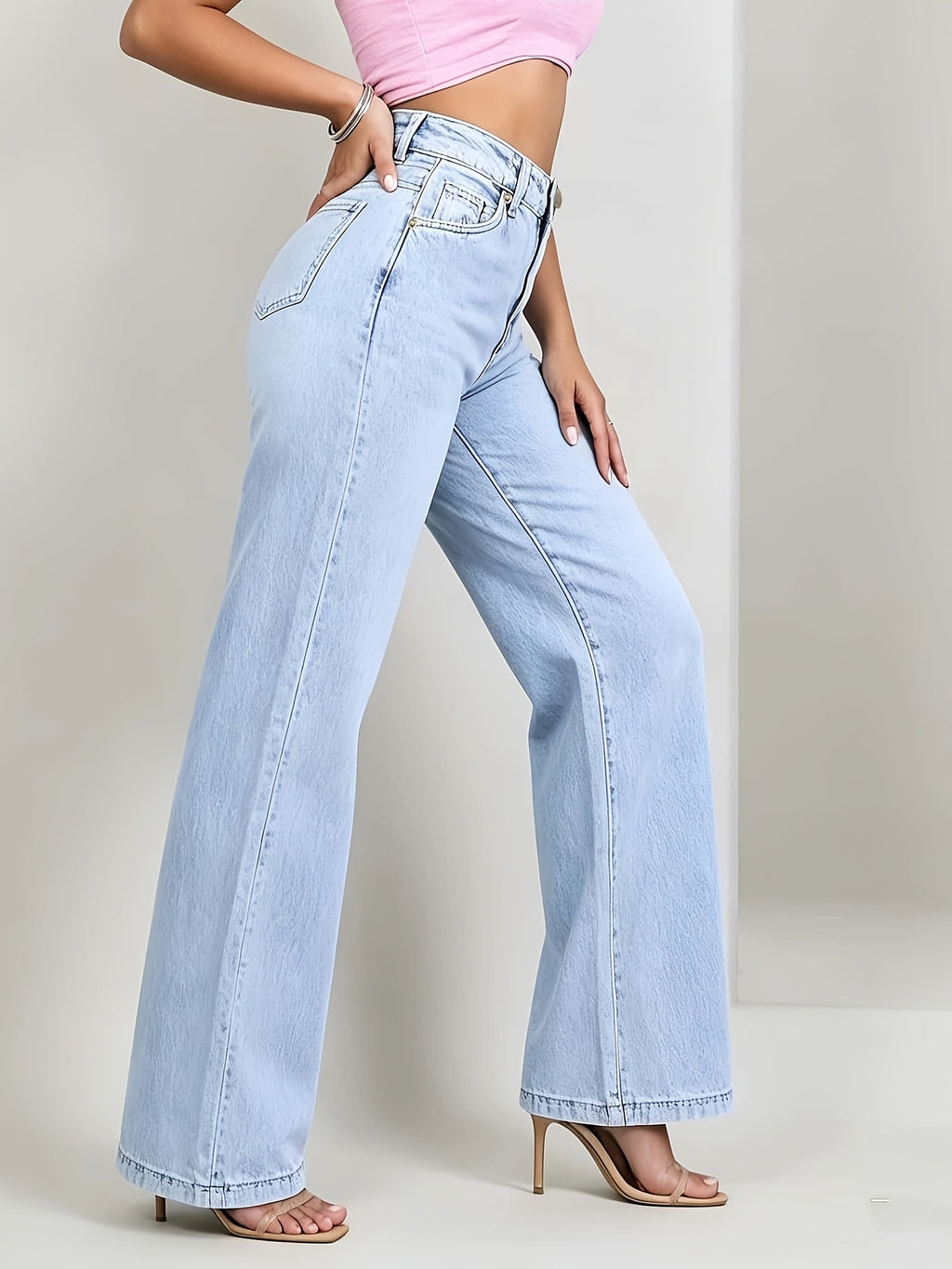 Women'S Fashion High-End High-Waist Light Blue Snowflake Straight Wide-Leg Jeans, Soft Stretch Loose Casual Commute Denim Trousers - Snowflake Blue