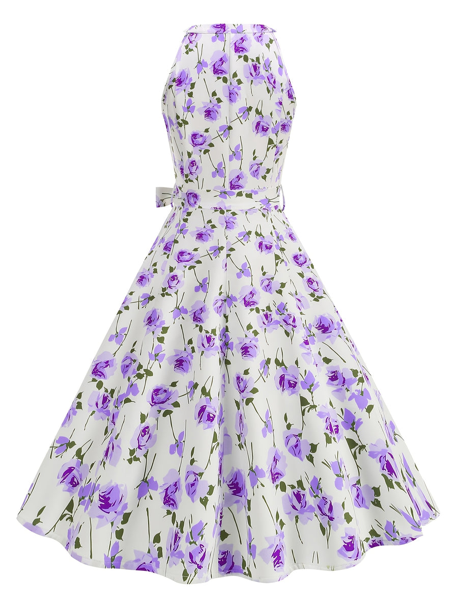 New Elegant Party Gown with Print, Sleeveless, and Full Skirt for Women - Purple