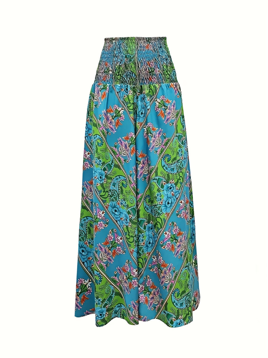 Women's Bohemian Print Pleated Waist Skort - Green Flower