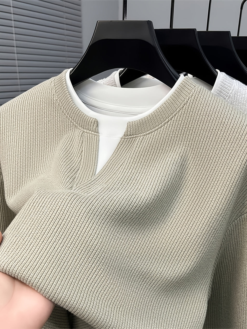 Spring And Autumn Men'S Pinstripe Knit Faux Two-Piece Sweatshirt Easy Small Lapel Fit Comfortable Skin-Friendly Casual Commuting Long Sleeve Pullover Sweater - Bean Green