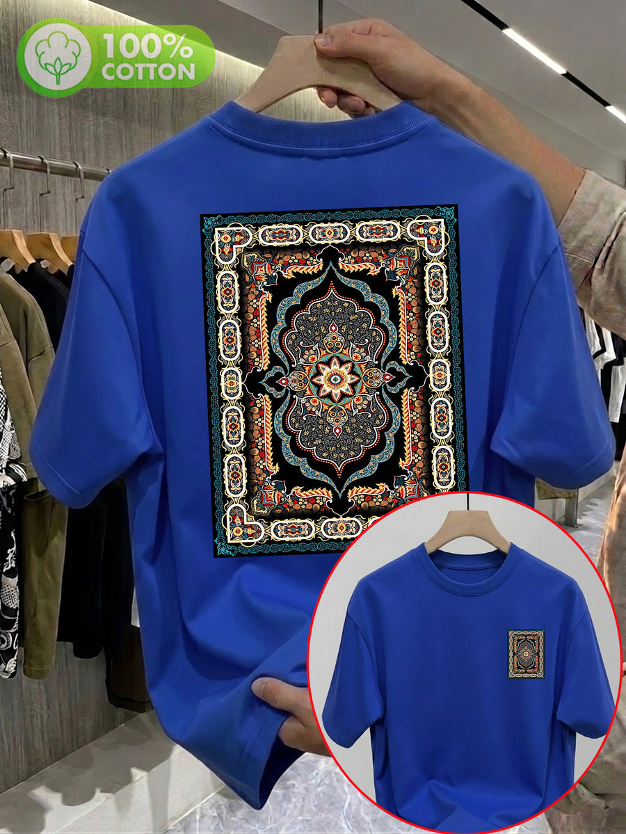 100% Pure Cotton Crew Neck Short Sleeve T-Shirt, Unisex. Features Persian Ethnic Vintage Pattern Print on Both Front and Back, with a Colorful Contrast Vintage Trendy Design. Breathable and Non-Sticky Back. Casual and Versatile - Royal Blue