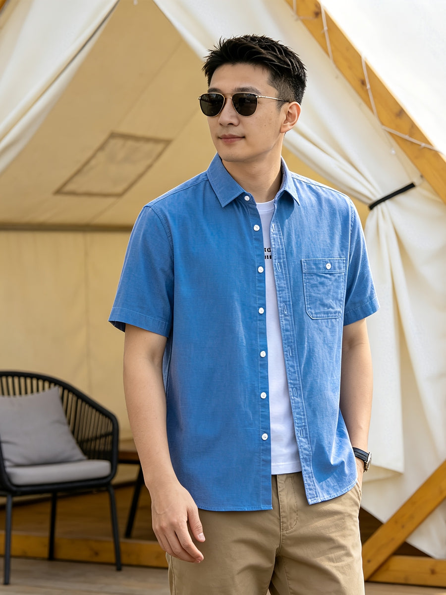 Men'S Casual Short Sleeve Shirt, Loose Easy Fit, Lightweight Breathable, Daily Summer Versatile Top - Dark Blue 1