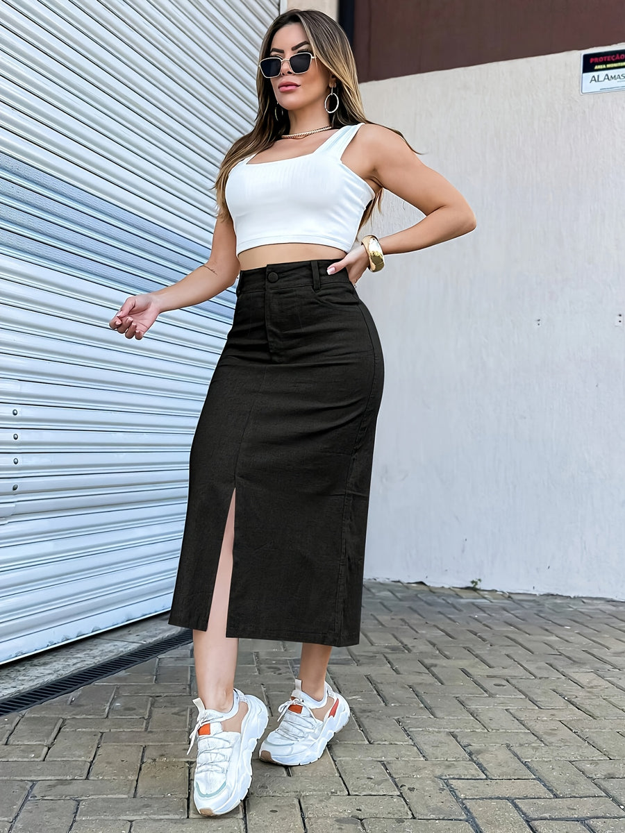 Women's Elegant High-Waist Slim Fit Slit Skirt, Solid Color Simple Half Skirt, Suitable for Spring/Summer Office or Casual Wear - Black