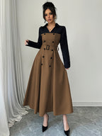 Fashionable Versatile Elegant Commute V-Neck Patchwork Contrast Solid Long Sleeve Waist-Cinching Belt Dress - Dark Brown