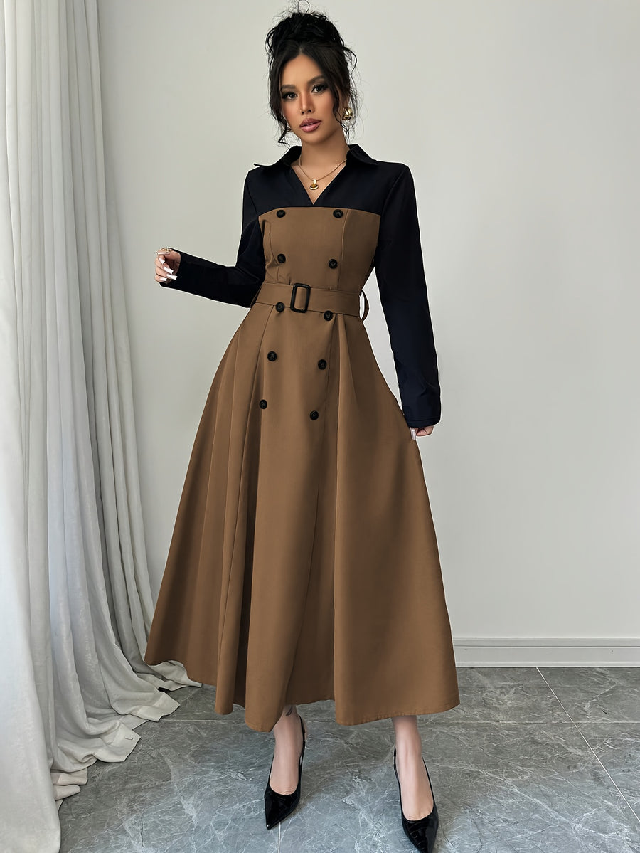Fashionable Versatile Elegant Commute V-Neck Patchwork Contrast Solid Long Sleeve Waist-Cinching Belt Dress - Dark Brown