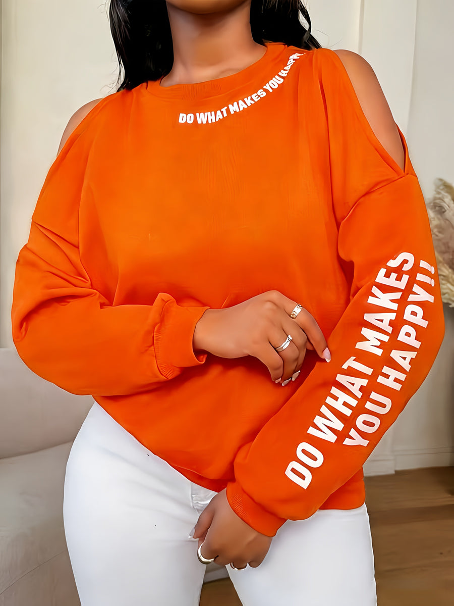 Women'S Loose Casual Letter Print Off-Shoulder Long Sleeve Base Layer Sweatshirt, Spring Autumn Commute Back-To- Outfit - Orange Red