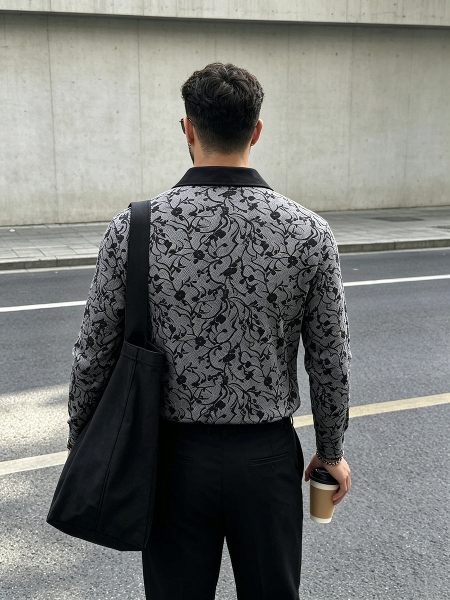 SODIMIU Vintage V-Neck Casual Long Sleeve Dark Pattern Jacquard Lapel Henley Shirt Men'S Top Business Casual Daily Party - Dark Gray