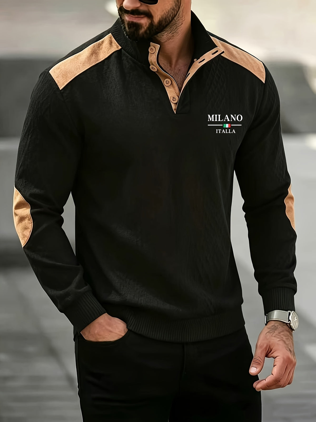 High-quality Men's Long-sleeved Jacquard Knit Golf Shirt, Stylish and Trendy for Autumn and Winter - Black