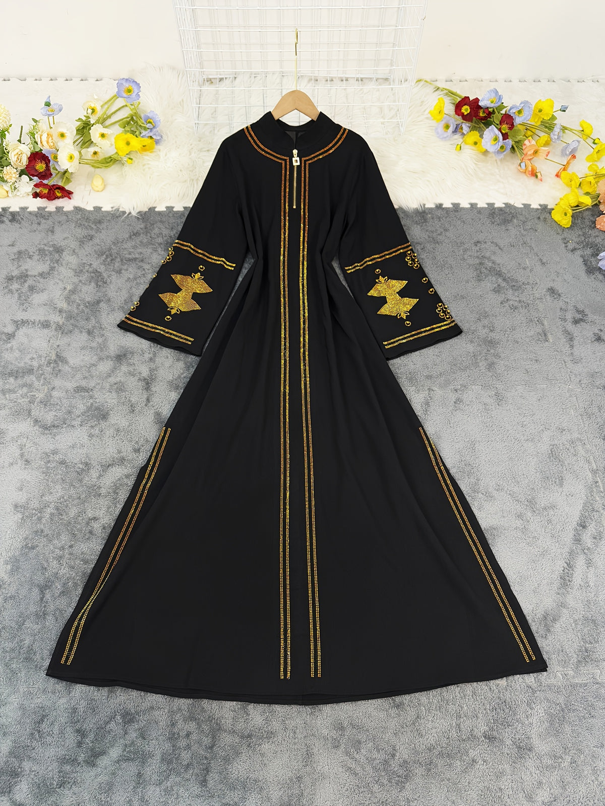 Long Sleeve Loose Abaya with Embroidered Rhinestone and Bead Decoration - Black