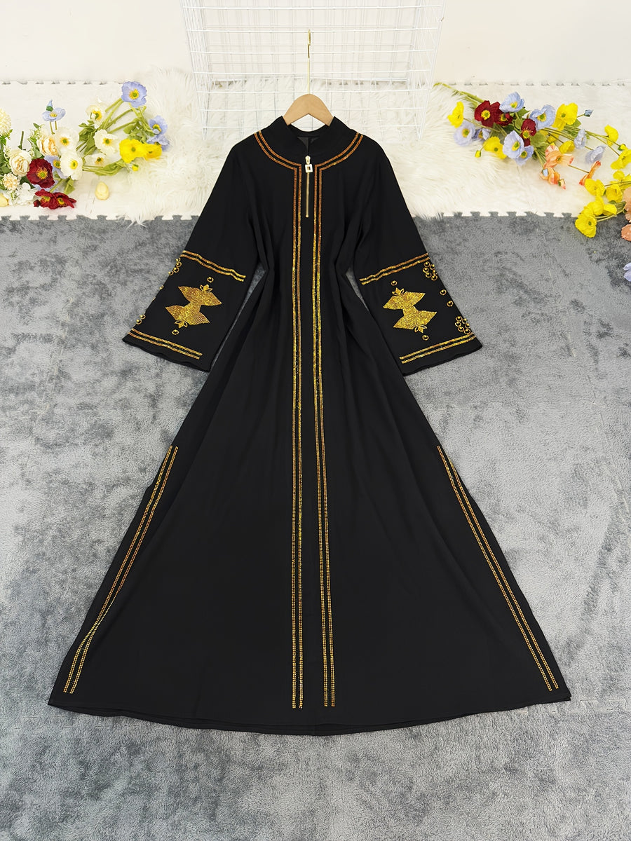 Long Sleeve Loose Abaya with Embroidered Rhinestone and Bead Decoration - Black