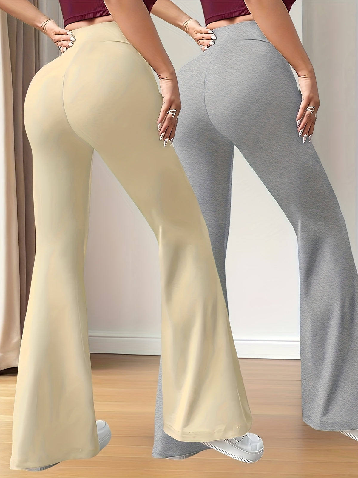 New Autumn Women's Clothing from Europe and America, NEW YORK & BROOKLYN Letter Print, Daily Casual Wear, Two-Pack of Comfortable Slim-Fit Stretch Tapered Straight-Leg Pants with Drawstring Waistband - Apricot + Light Gray 1