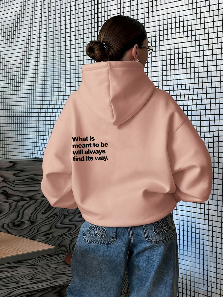 Women's Atmospheric Back English Phrase Print Hooded Sweatshirt with Fateful and Quote Design, Loose Oversized Drop-Shoulder Fit for Daily Streetwear Casual Pullover Hoodie - Pink Color
