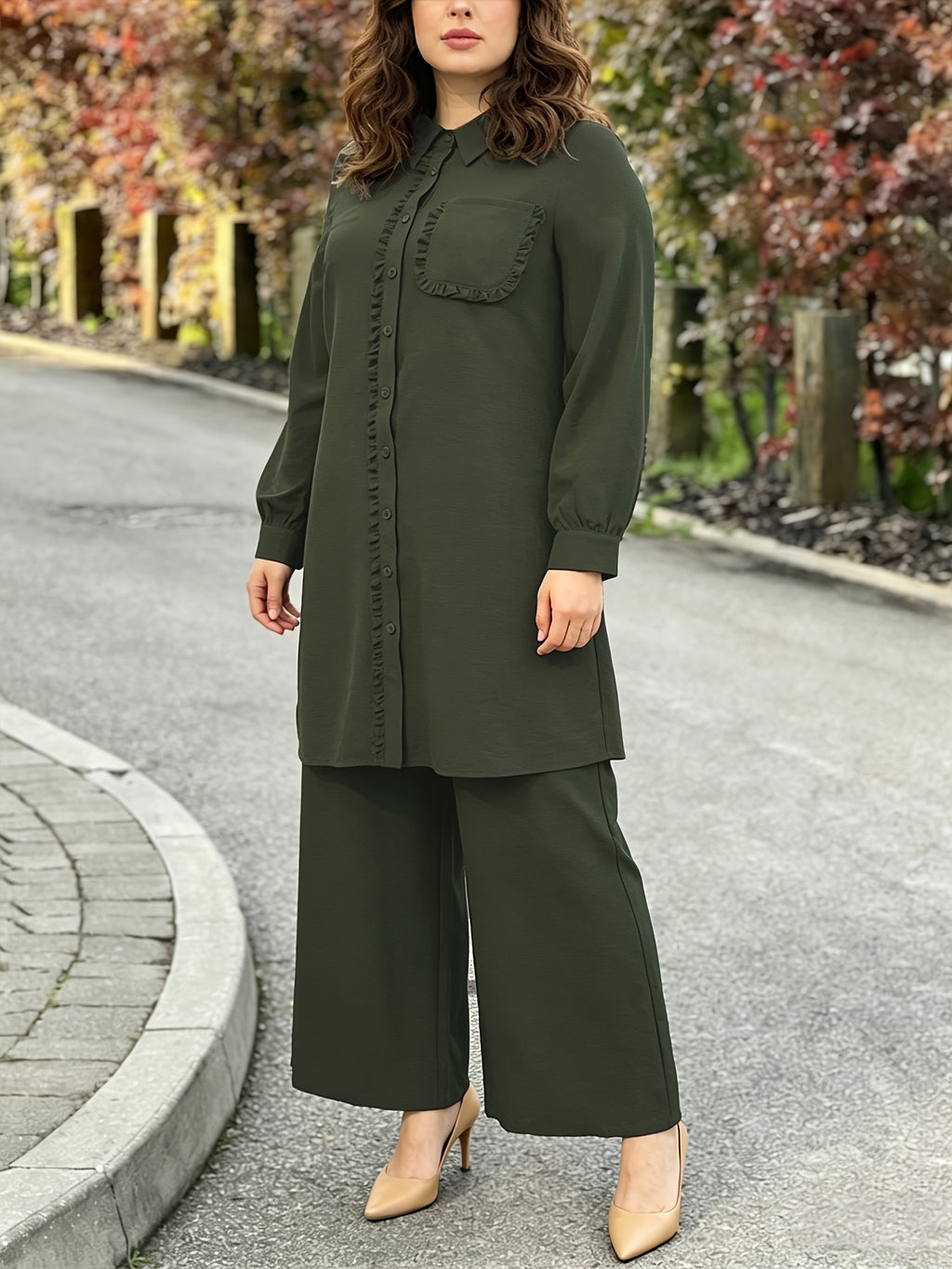 Eid | Elegant Plain Fril Muslim 2pcs Jalabiya Set | Elegant Abaya Women Modest with Pocket & Placket Ruffle Trim + Loose Wide-Leg Pants | Daily Home Leisure Commute Wear - Dark Green