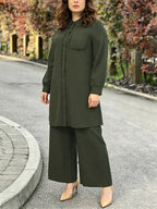 Eid | Elegant Plain Fril Muslim 2pcs Jalabiya Set | Elegant Abaya Women Modest with Pocket & Placket Ruffle Trim + Loose Wide-Leg Pants | Daily Home Leisure Commute Wear - Dark Green