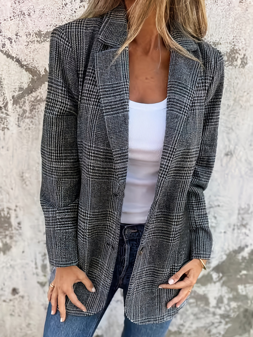 Fashion Vintage Plaid Blazer | Single Breasted, Long Sleeve, Half Placket, Elegant Style, Suitable for Business, Office, and Daily Wear in Fall/Winter - Blue