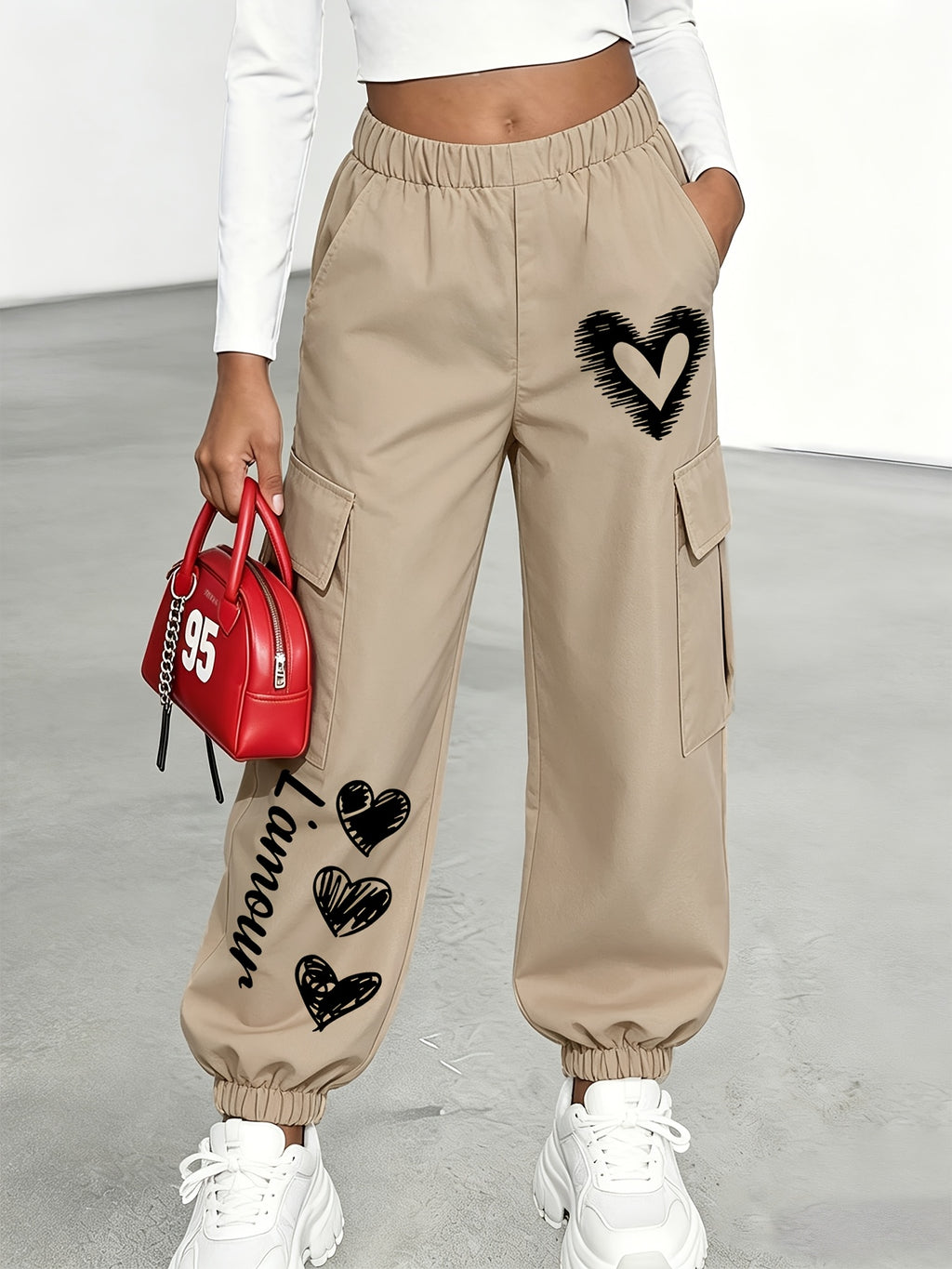 New Arrival - Women's Cargo Pants Sold Individually, Cute and Fun Heart Print Work Pants with Multiple Pockets, Cargo Pants Style, Long Pants for Fashionable Aged 18-25, Machine Washable, Durable Fabric - Suitable for Spring and Summer - Khaki
