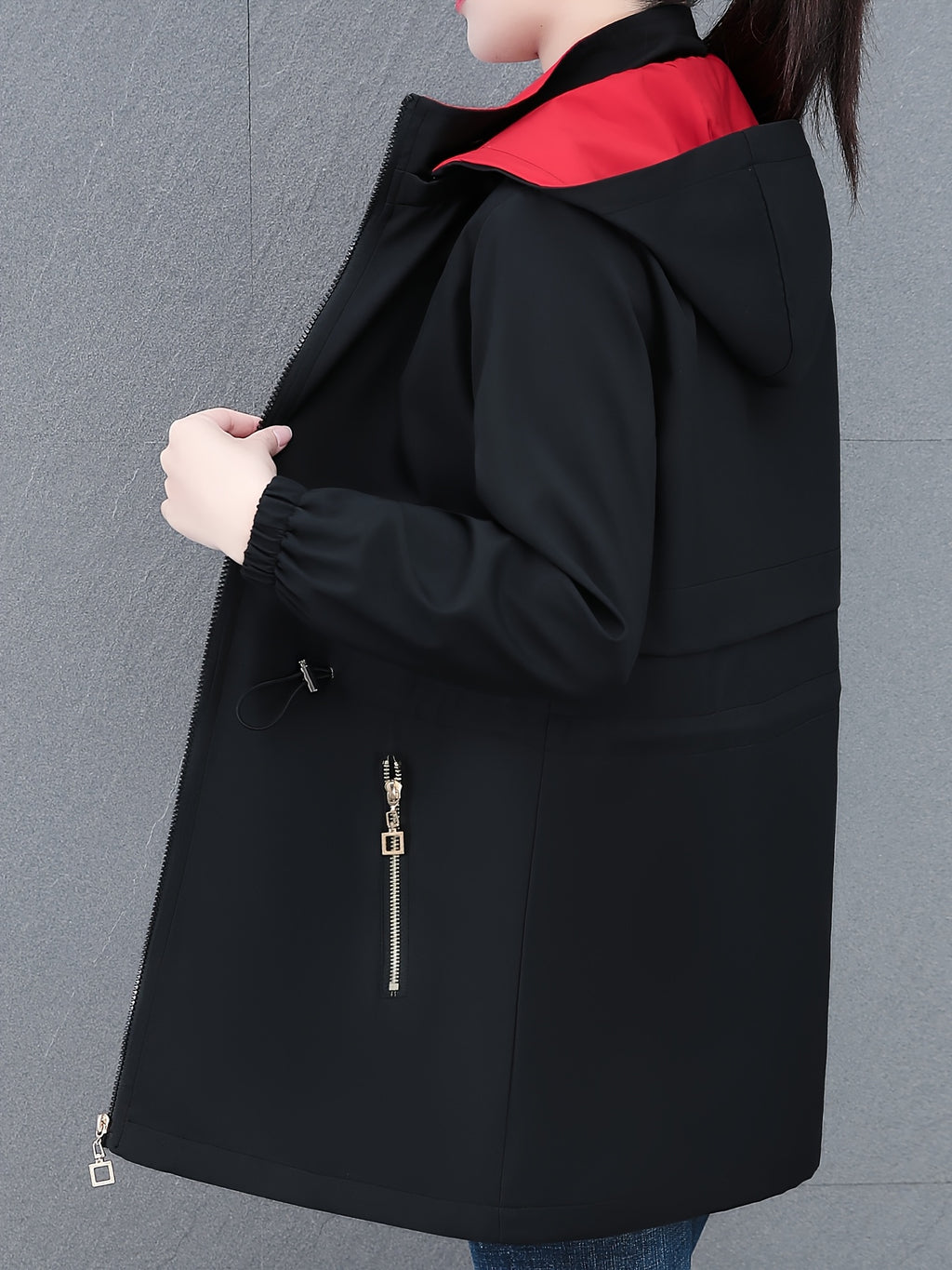 Mid-Length Women'S Casual Trench Coat Jacket with Drawstring Waist Tie, Zippered Pockets, Removable Hood - Black