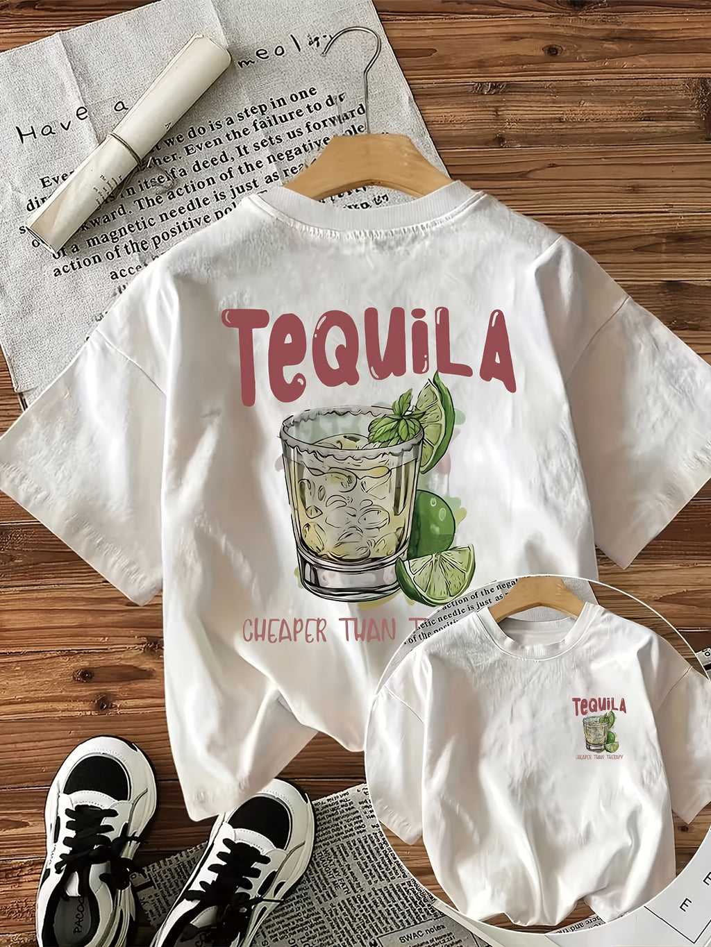 Double-Sided Printed T-Shirt, Exuding Fresh Summer Island Style, Featuring Tequila And Lemon Elements in The Design, Made for Women, Aiming for a Loose And Casual Wear Experience - White