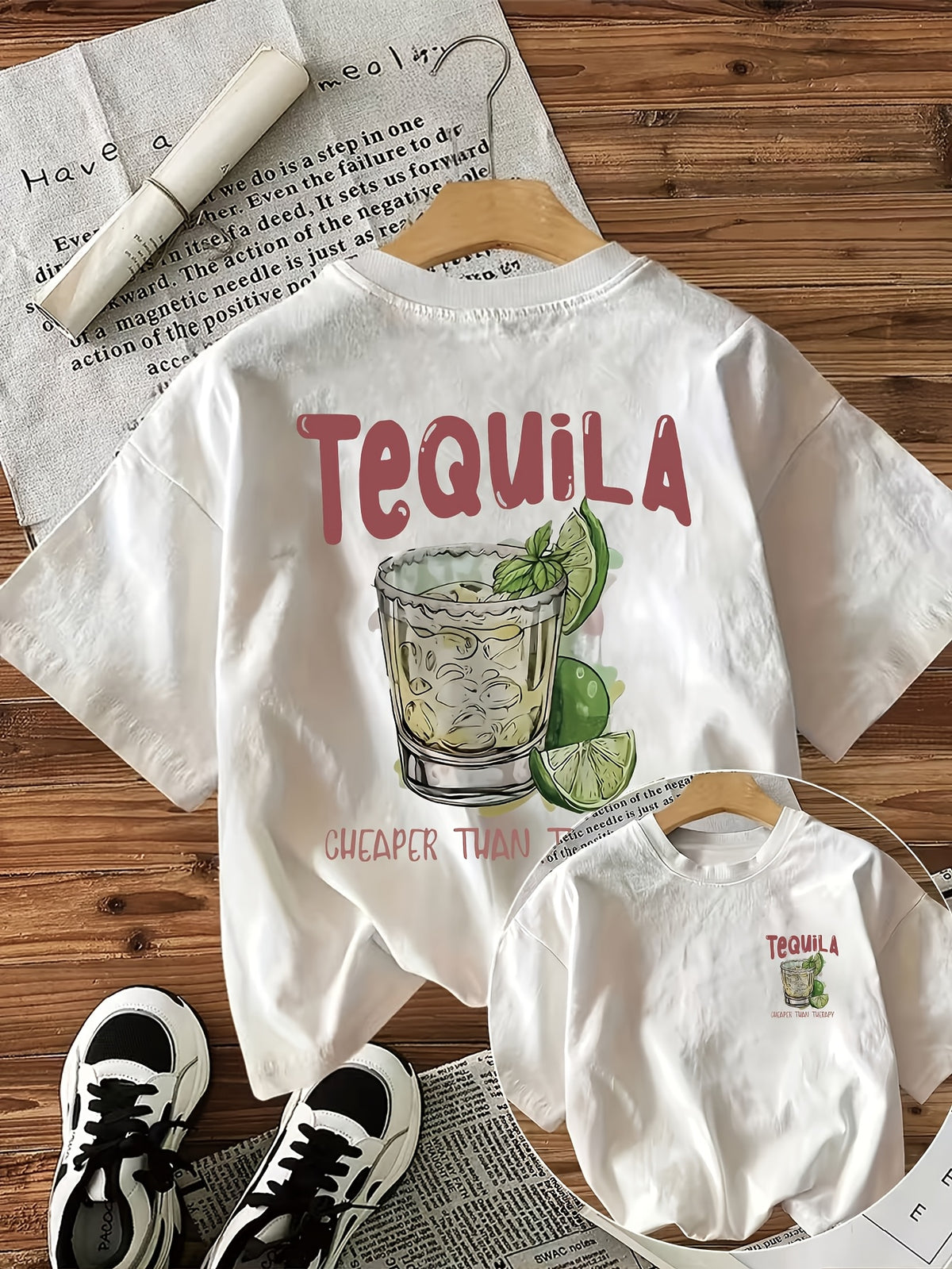 Double-Sided Printed T-Shirt, Exuding Fresh Summer Island Style, Featuring Tequila And Lemon Elements in The Design, Made for Women, Aiming for a Loose And Casual Wear Experience - White