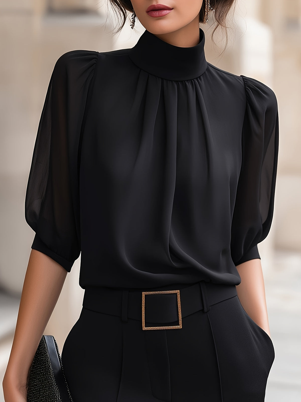 Women'S Elegant High-Neck Chiffon Puff Sleeve Blouse Summer New Arrival - Black
