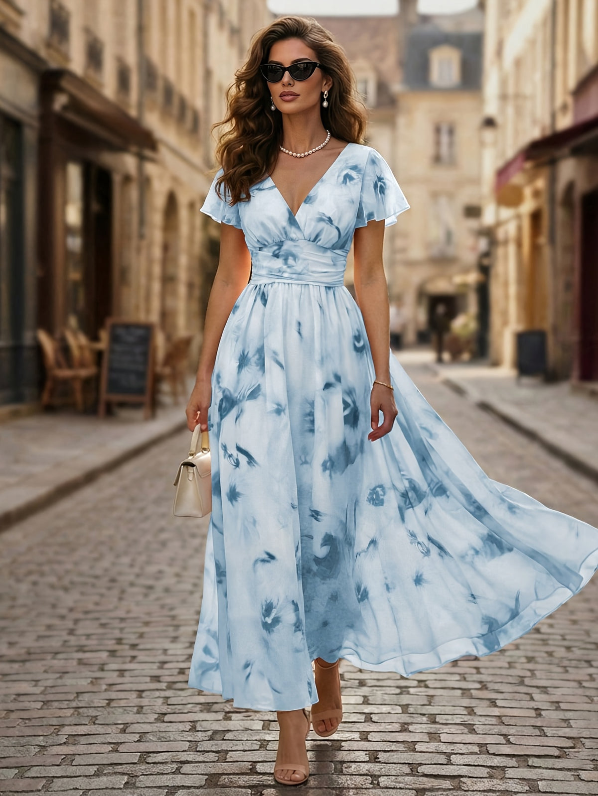 Women's Elegant V-Neck Floral Print Maxi Dress with Ruffle Sleeves, Casual Waist, for Leisure and Vacation, ZLLZ - Sky Blue