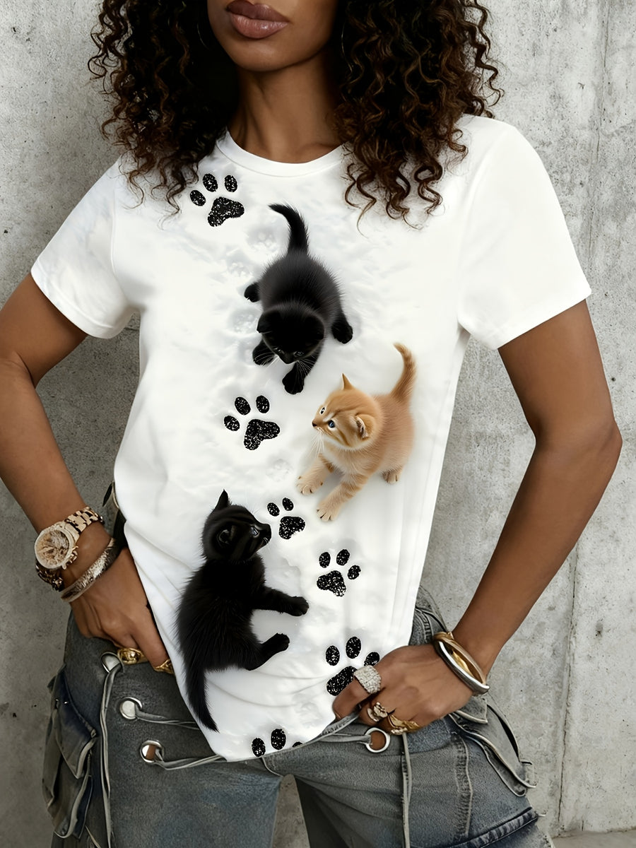 Summer New Cute Style Kitten Paw Print Women'S Short Sleeved T-Shirt with White Background And Cute Elements, Soft And Cute Eye-Catching Top, Cute And Beloved, Good for Those Who Love It, Women'S Clothing - White