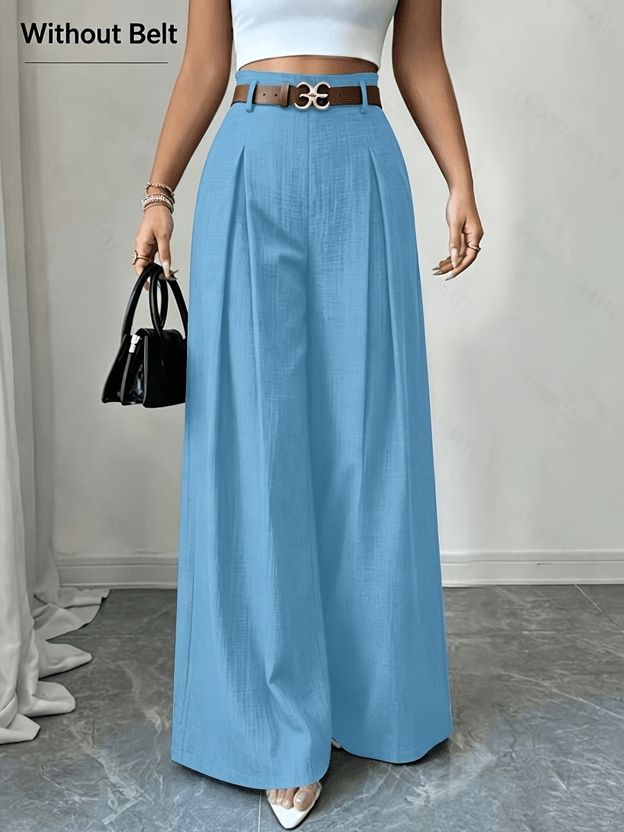 Women's High-Waisted Wide- Trousers - Loose-Fit Solid Color Pants Suitable for Daily Wear & Vacation, Beltless Spring/Summer Style for Office, Casual Outfits - Machine Washable Elegant Trousers - Sky Blue