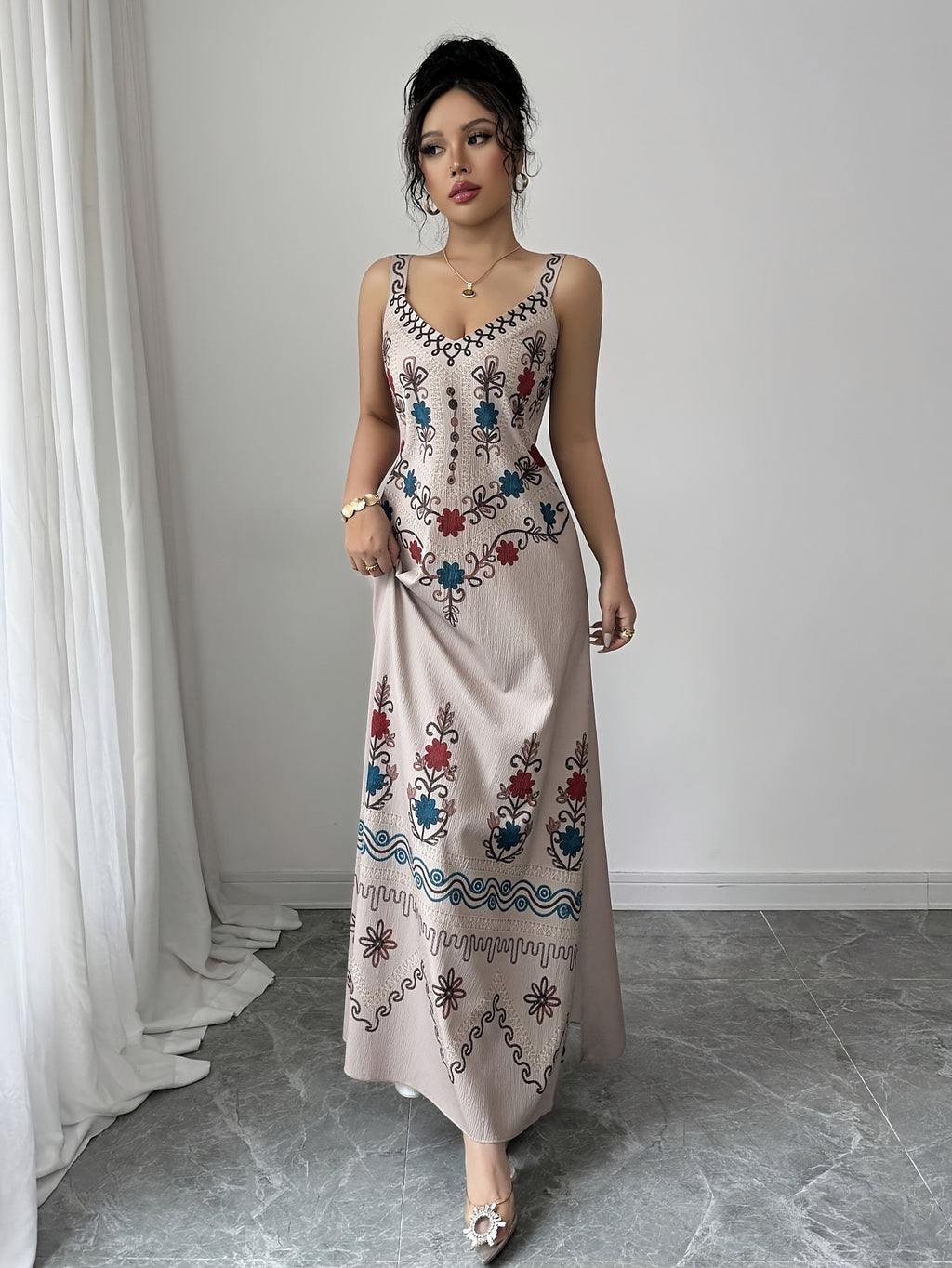 Women'S V-Neck Spaghetti Strap Floral Print Tie-Waist A-Line Dress, Spring/Summer Style - Multicolor